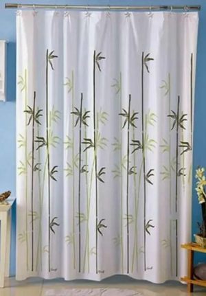 Cortina Baño Plastica Bamboo Verde + Protector + Ganchos Verde Bamboo