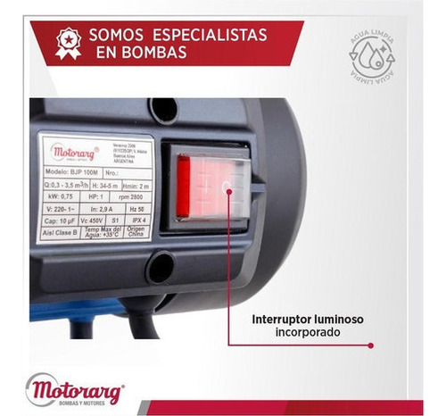 Bomba De Agua Autoaspirante Motorarg Bjp 100 1 Hp Mono 50 Hz Azul Monofásica - Imagen 4