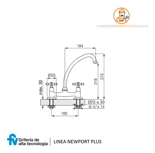 Griferia Cocina Mesada Fv Newport Plus 0413/B2P Dos Llaves - Imagen 2