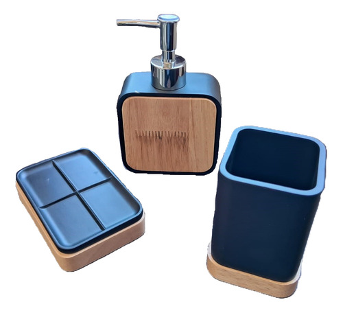 Set De Artículos Para Baño Nórdico Color Madera Y Negro Negro
