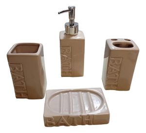 Set De Artículos P/baño 4 Piezas D/porcelana - Beige Oscuro Marrón Claro