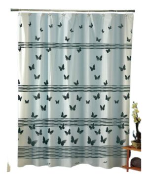 Cortina Baño Plastica Mariposas Negro + Protector + Ganchos Negro Mariposas