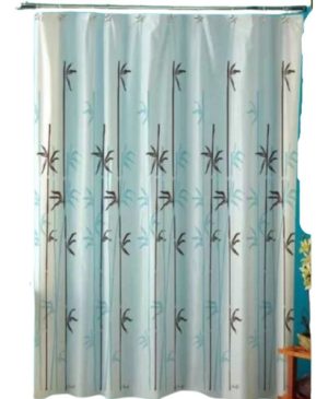 Cortina Baño Bamboo Celeste Y Negro + Protector + Ganchos Celeste Bamboo