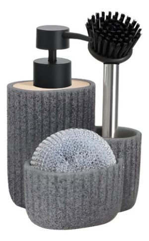 Dispenser Detergente P/cocina D/resina + Esponja + Cepillo Gris