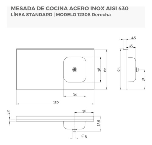 Mesadas Cocina Acero Ariel 120x62 Bacha Izq Con Zocalo - Imagen 2
